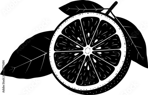Simple black and white illustration of an orange fruit with a leaf and stem silhouette isolated on white background