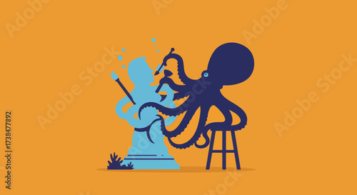 Octopus artist painting a chess piece with a wand.