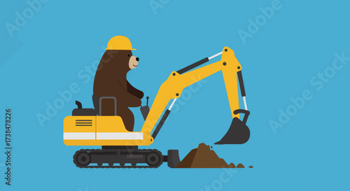 Bear driving a yellow excavator digging dirt on a blue background.