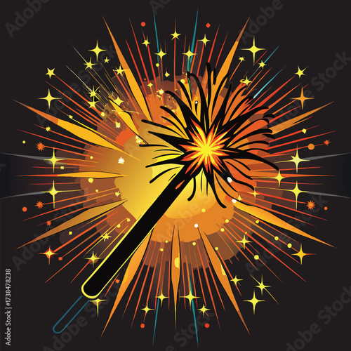 Sparkling firework wand exploding with bright stars and radiant light