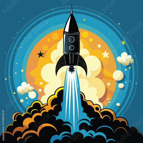 Retro rocket launching into a colorful cosmic sky with stars and clouds