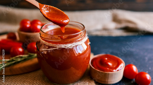 Fényképezés Homemade tomato sauce being poured from a wooden spoon into a jar