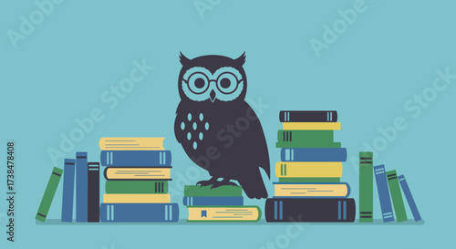 Wise Owl Sitting on Stack of Books Wearing Glasses.