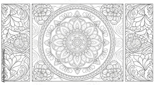 Intricate Floral Mandala and Swirls Line Art Illustration