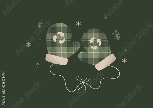 Sustainable Christmas Mittens with Recycling Symbol. Eco-friendly holiday. Mittens featuring plaid pattern. Green christmas. Green and ethical winter season. Flat design. Vector illustration