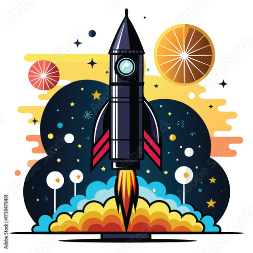 A stylized rocket blasts off into a colorful cosmic landscape with celestial bodies and fruit slices