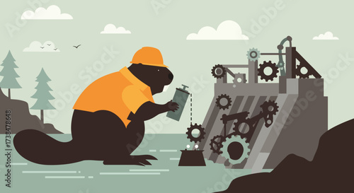 Beaver wearing hard hat working on dam machinery.