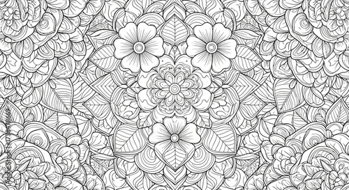 Intricate Floral Mandala Seamless Pattern Line Art