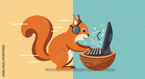 Cute squirrel wearing headphones typing on a laptop inside a walnut shell.