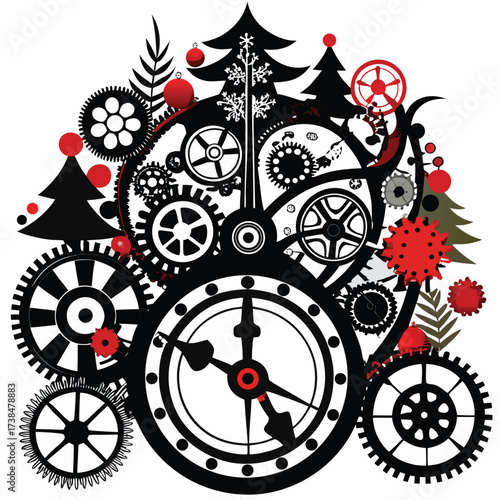 Steampunk christmas clockwork celebration with festive ornaments and gears