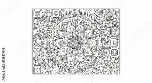 Intricate Mandala Flower With Social Media Icons Coloring Page