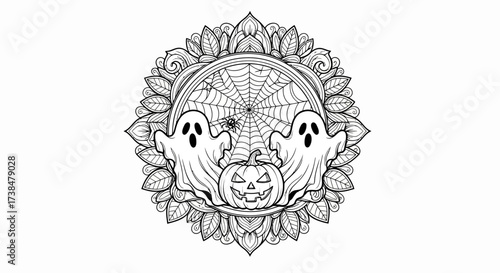 Intricate Halloween Mandala With Ghosts Jackolantern and Spider