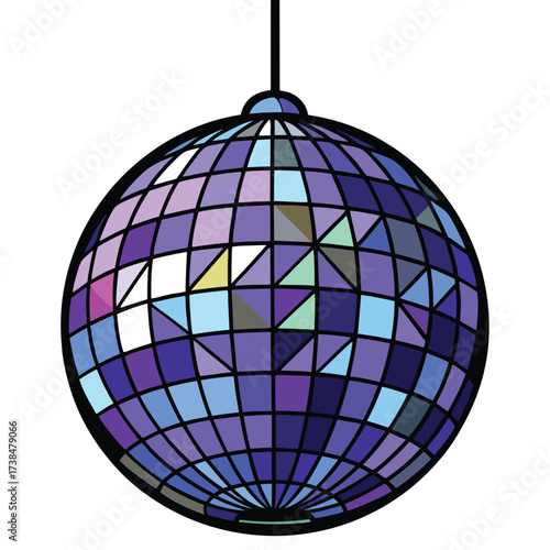 A hanging disco ball with purple and blue geometric facets on a white background