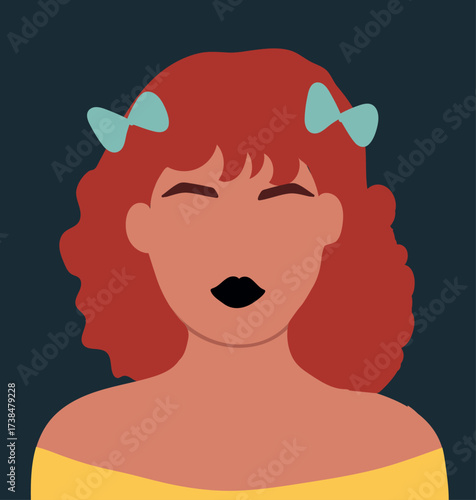 Abstract girl portrait, female avatar with bows, hairstyle, youth, red hair user profile. Hand drawn vector illustration.