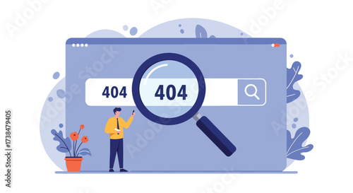 Man searching for 404 error page on a computer screen with magnifying glass.