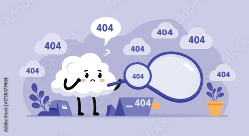 Sad Cloud Character Searching for Error 404 with Magnifying Glass.