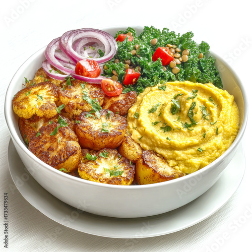 A healthy vegan buddha bowl with roasted cauliflower, hummus, and a fresh kale salad with lentils and red onion on a white background.