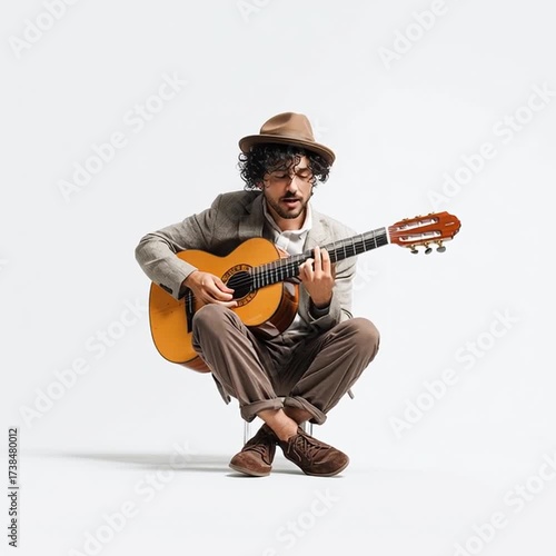 Musician playing guitar in stylish outfit with hat on white background  