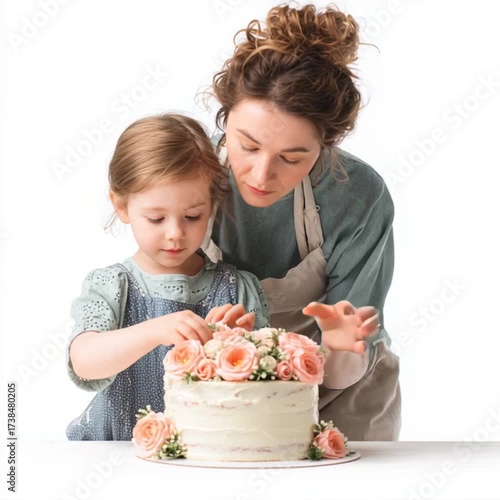 Mother decorating cake with daughter while arranging flowers on top  