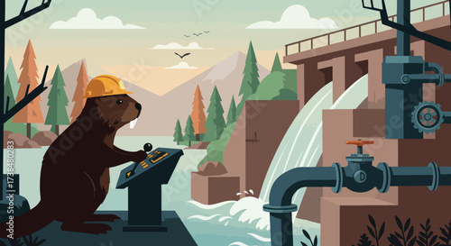 Beaver wearing hard hat operating machinery at hydroelectric dam.