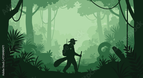 Silhouette of a lone explorer with a backpack and walking stick venturing through a dense jungle environment.