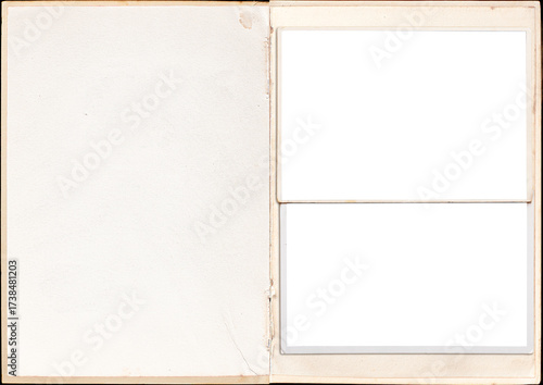 A vintage book pages with blank photo frames attached