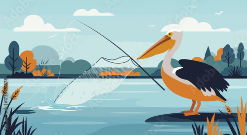 A pelican stands on a rock fishing with a fishing rod.
