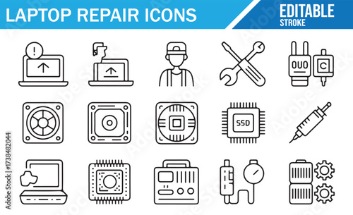 Laptop Repair Service Icons with Editable Tools, Components, and Update Symbols