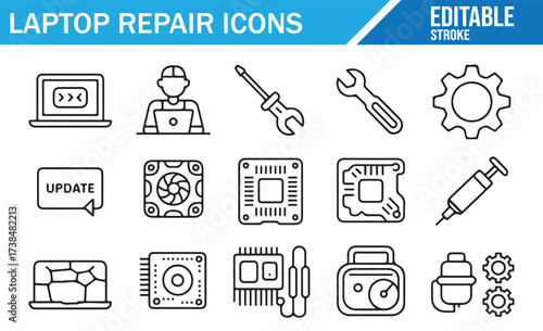 Editable Laptop Repair Icons Featuring Tools, Chips, and Updates for Technology Solutions