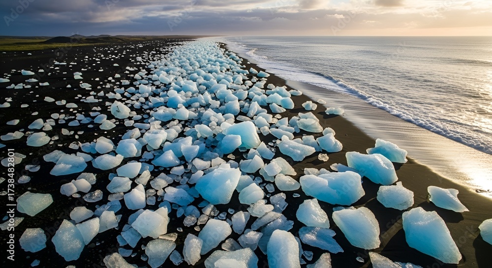 Obraz premium Blue icebergs scattered along the coast.