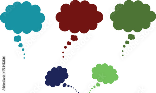Colorful thought bubbles with dotted paths connecting, representing ideas and creativity, isolated on a white background