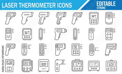 Laser thermometer icons set — editable-stroke vector outlines of infrared non-contact temperature scanners, digital displays, probes, and handheld devices for medical, industrial, UI, and infographic 