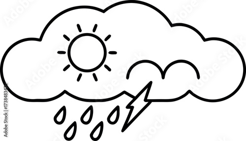 Vector art of weather forecast icon showing a cloud with sun, rain, and lightning represents mixed weather conditions