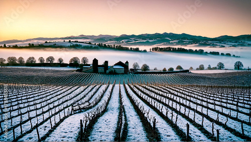 Stunning winter vineyard landscape with rolling hills and fog at sunrise, perfect for travel, wine, or agriculture themed projects