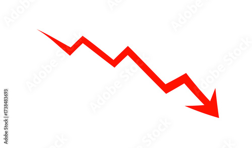 Downward trend graph in red color with arrow pointing down in simple line style on white background for financial analysis
