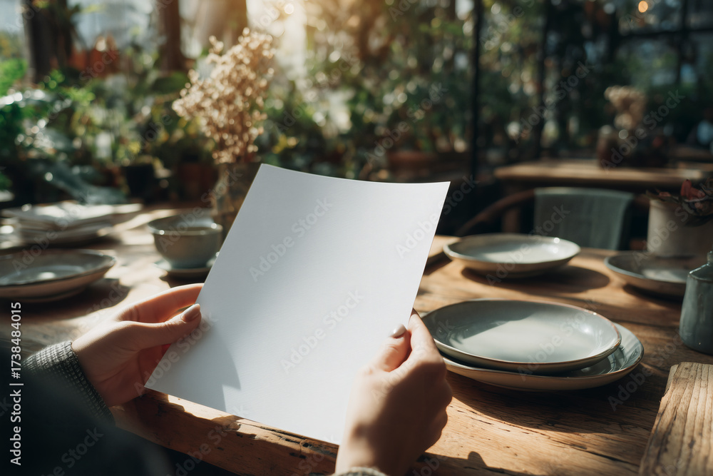 Obraz premium Person holds blank paper at restaurant table