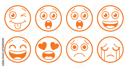 Vector set of cartoon faces with orange outlines and white backgrounds featuring happy sad angry surprised and playful expressions