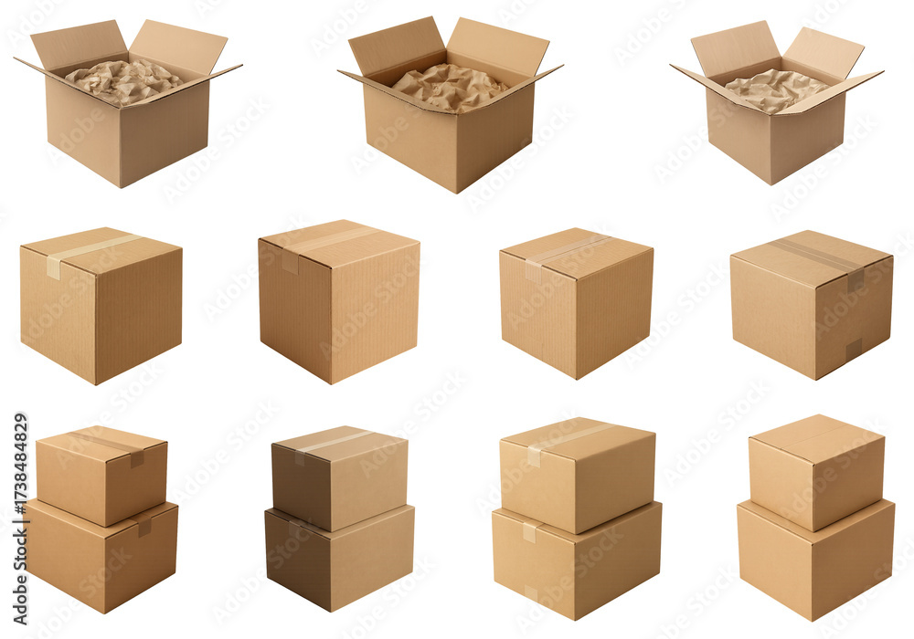 Fototapeta premium Cardboard box collection in grid; box sizes for packing and shipping, tape seams and kraft texture visible, practical props for moving and storage, set, isolate, transparent background theme