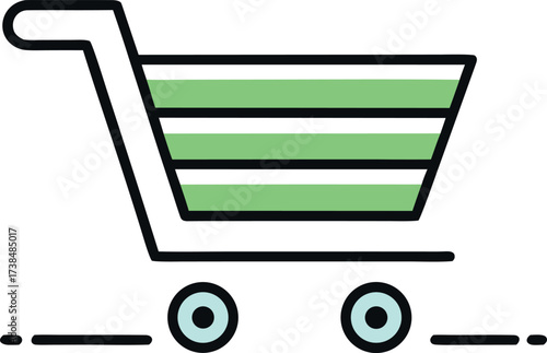 Vector art of green shopping cart icon with horizontal lines, ideal for online stores and ecofriendly product promotions