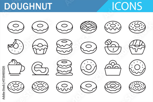 Set of Doughnut Icons in Simple Line Art Style, Featuring Different Flavors, Toppings, and Arrangements with Coffee and Basket