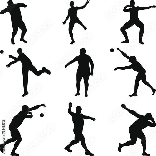 Shot Put thrower Athletes Silhouette Collection, Vector set Illustration Isolated on white background.