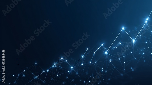 Digital network with glowing nodes forming an upward trending line on blue backdrop