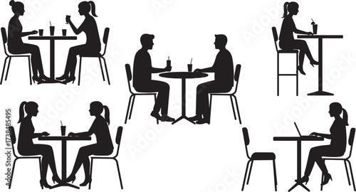 Silhouette people sitting, cafe scene, table conversation, solo drink, laptop work, casual meeting, vector illustration, public space, social interaction, quiet moment