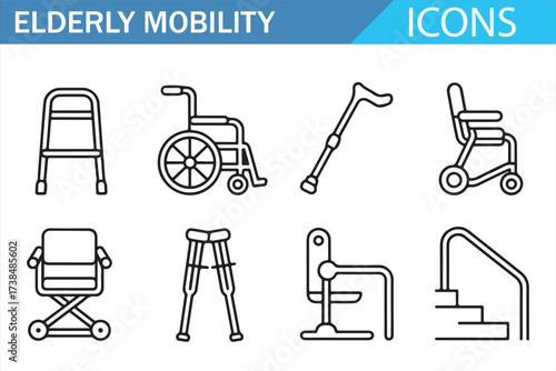 Healthcare Mobility Aids Icons for Elderly Care and Assistance