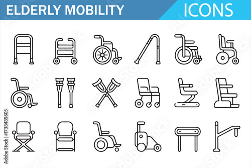 Simple Line Icons of Mobility Devices for Elderly People and Seniors