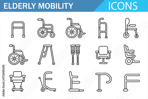 Collection of Elderly Mobility Assistance Icons for Healthcare Designs