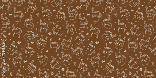A cup of coffee, marshmallow, hot drink with cinnamon stick. Seamless pattern. Mug, cocoa, tea. A cozy set of linear icons. Drawings, doodles. Repeating vector background.