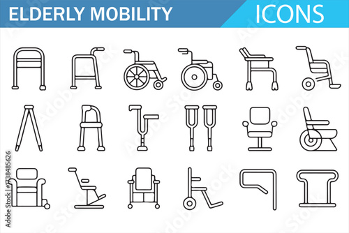 Set of Elderly Mobility Icons in Simple Line Art Style, Featuring Wheelchairs, Walkers, Crutches, and Other Aids for Elderly People