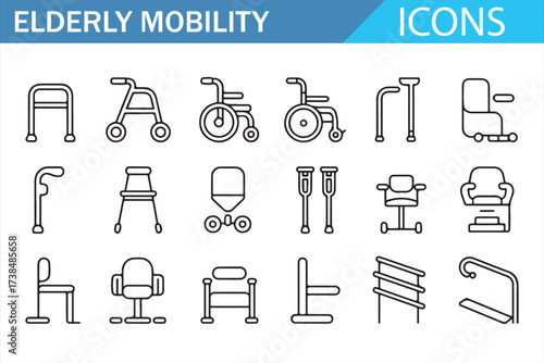 Set of Simple Line Art Elderly Mobility Aids Icons for Healthcare