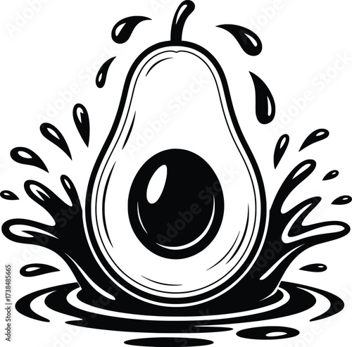 Avocado Splash Silhouette Vector, Fresh Fruit Illustration, Healthy Food Icon, Organic Design.